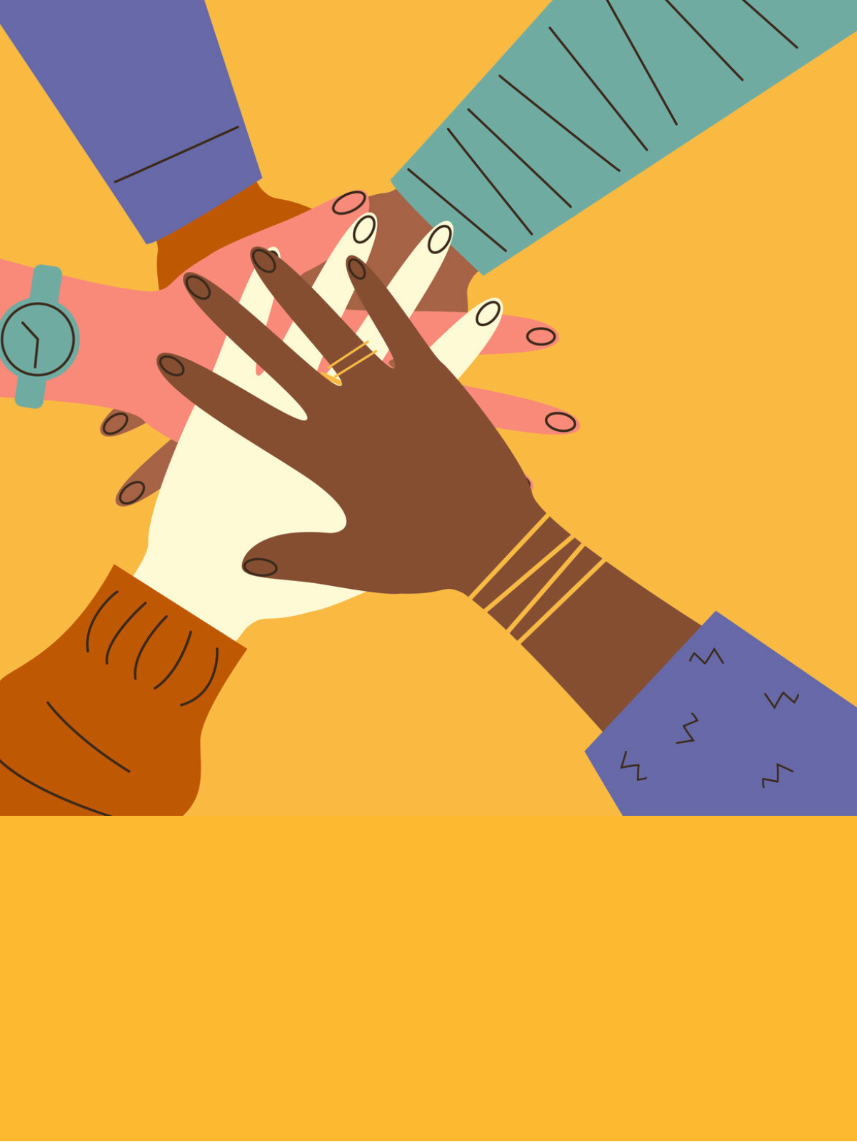 An illustration of people's hands stacked together gives the idea of a team.